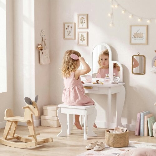 HOMCOM Kids Dressing Table Set Kids Vanity Set w/ Drawer, Mirror - White