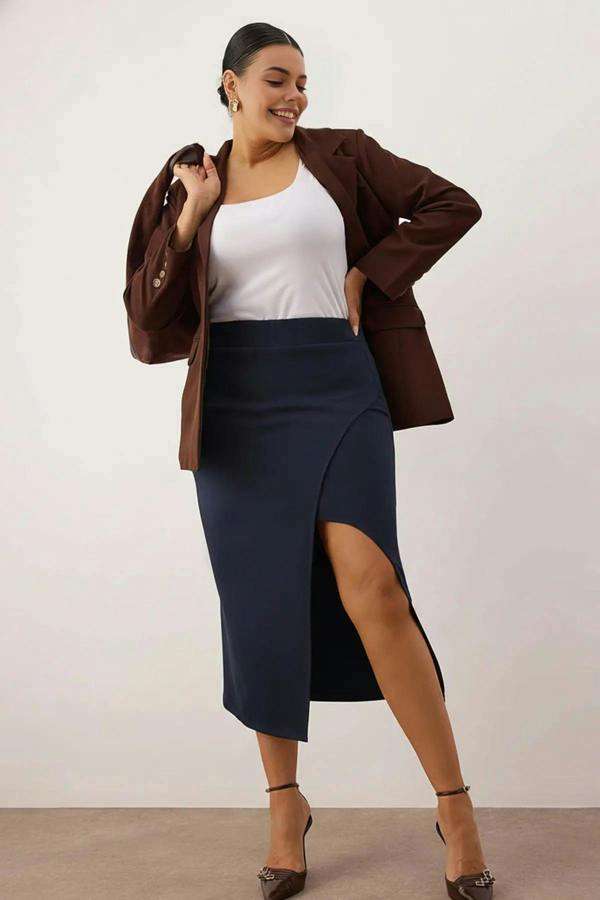 WOVCOR Slit Detail Knitted Stretch Fabric Plus Size Midi Skirt