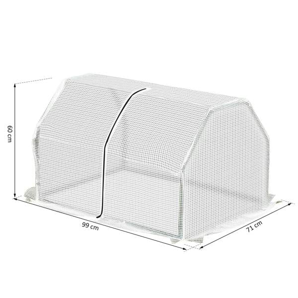 Mini greenhouse with white mesh cover and green steel frame, side view with dimensions