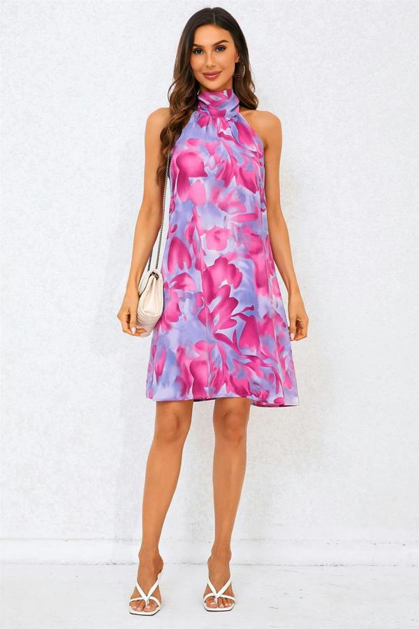 FS Collection Abstract Floral Print Halter Neck Tie Back Mini Dress In Pink