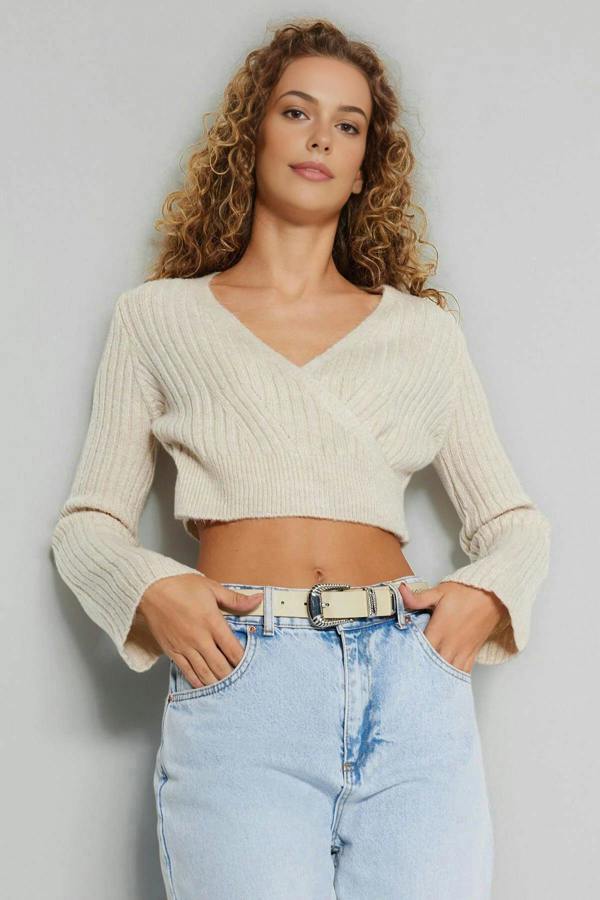 WOVCOR Crop Soft Textured Double Breasted Knit Sweater