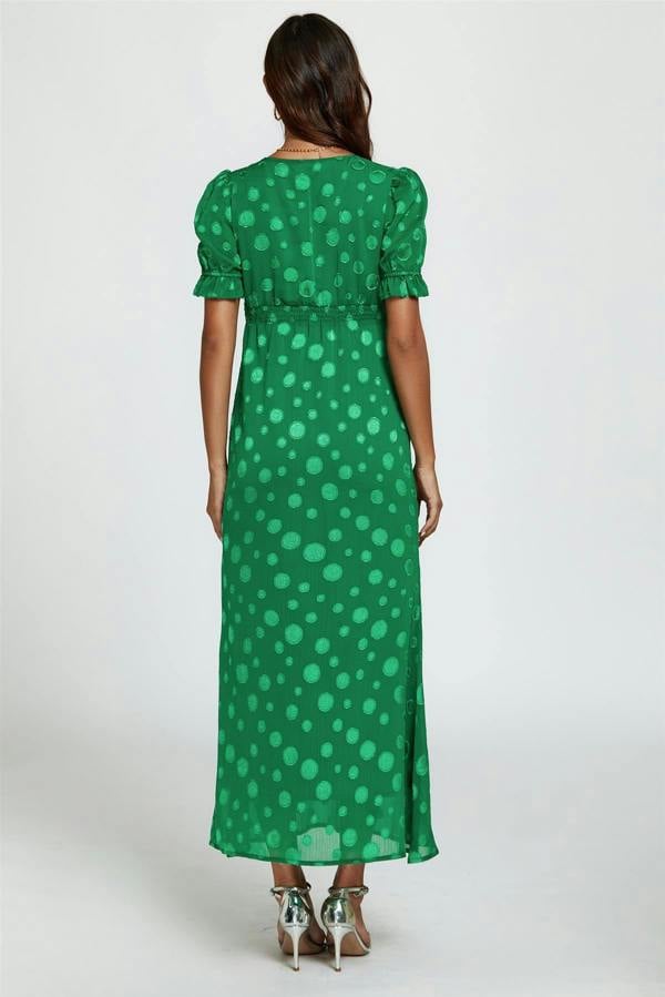 FS Collection Polka Dot Jacquard Lace Trim Midi Dress In Green