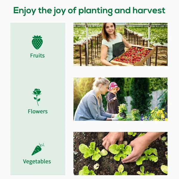 Greenhouse planting and harvest collage featuring fruits, flowers, and vegetables
