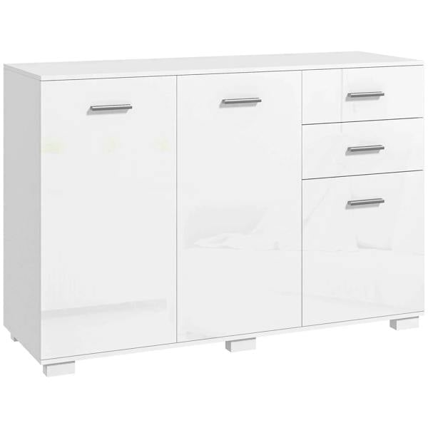 High-gloss white sideboard cabinet with 3 doors and 2 drawer fronts