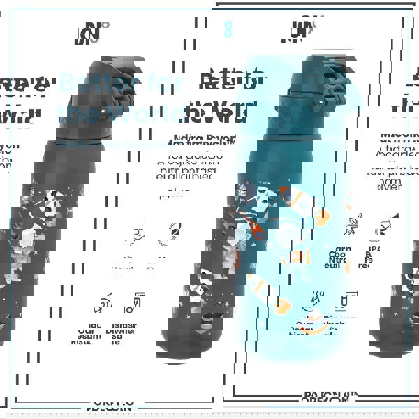 A teal water bottle, featuring a space-themed design, sits against a white background; it is made from a plant-based polymer and is BPA-free, dishwasher-safe, odor-resistant, and carbon neutral.