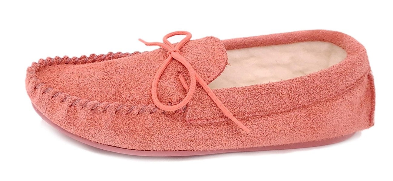 Mokkers Coopers Suede Wool Lined Ladies Pink Moccasin Slippers Made In England
