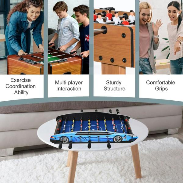Blue mini tabletop foosball table on wooden legs with foosball players for home play