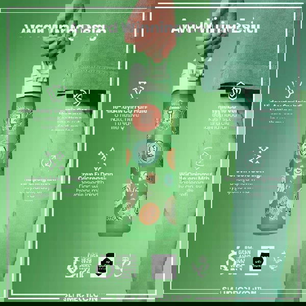 A green water bottle, being held, features a wide mouth, a hide-away handle, and a hygiene cover; it's displayed against a green background with details of its award-winning design. GERMAN DESIGN AWARD WINNER 2024; GOOD DESIGN; 2021.