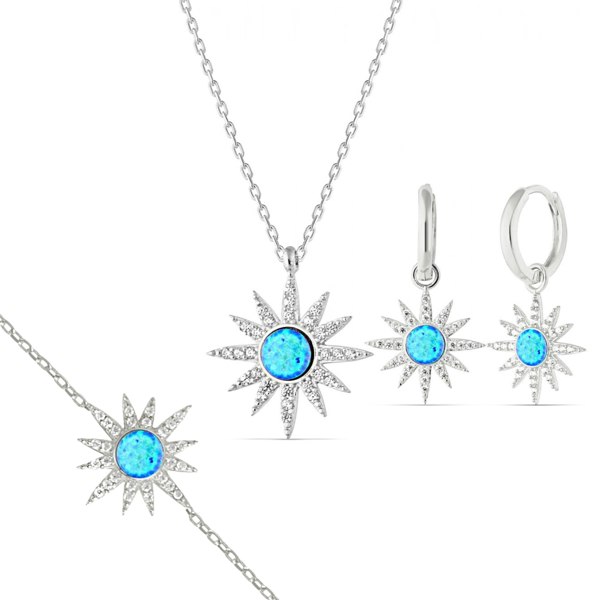 Spero London Blue Opal Sun Sterling Silver Necklace Earring and Bracelet Set