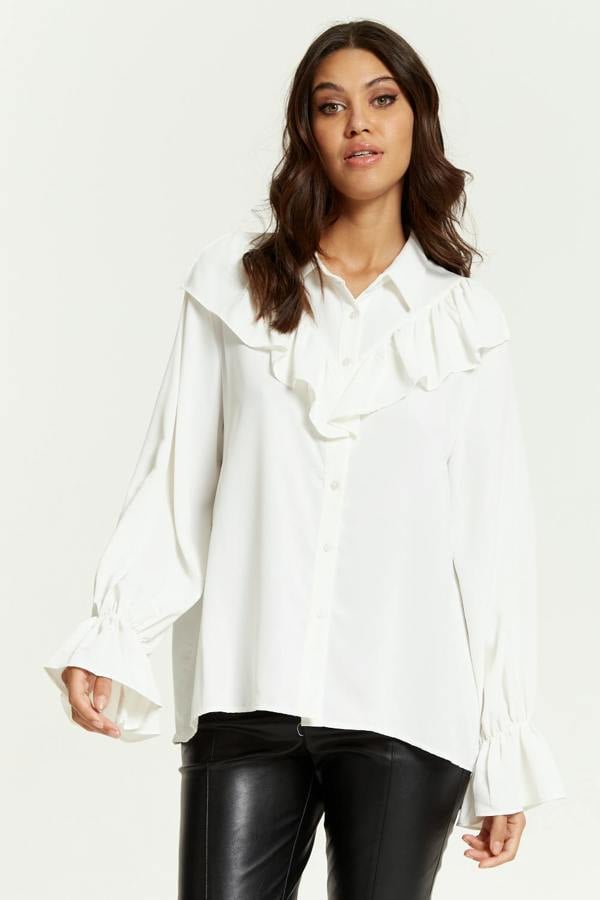 Hoxton Gal Oversized Frilled Front Shirt with Detailed Cuffs in White