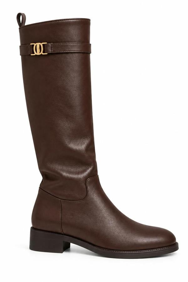 Love Lemonade Elodie Luxe Buckle Trim Leather Look Zip Up Knee High Boots Coffee Brown