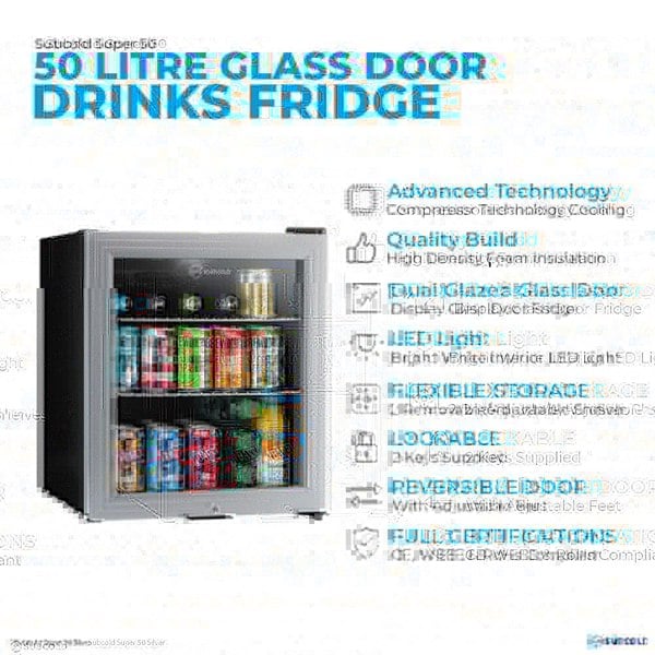 Subcold Super 50 litre table top silver beer mini fridge features infographic