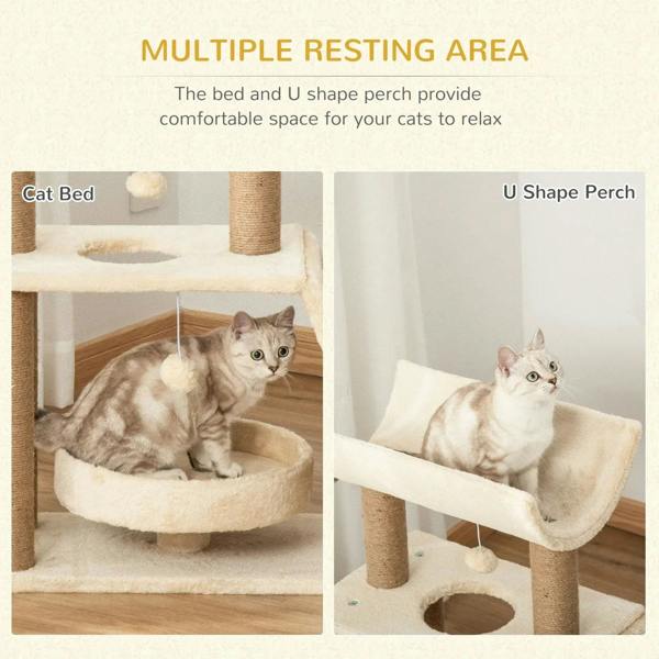 Cat tree tower showing multiple resting areas: bed and U-shaped perch