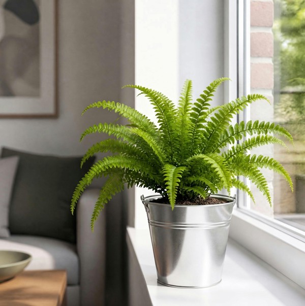 Boston Fern in White Ceramic Pot – Air-Purifying Gift for Plant Lovers - 1 - Galvanised Pail