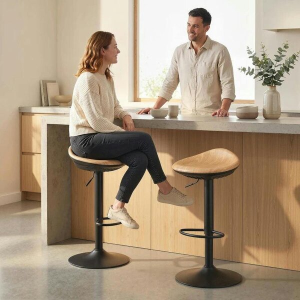 Set of 2 Barstools PU Leather Kitchen Stools with Saddle Seat Height Adjustable Swivel Kitchen Chairs with Footrest Oak