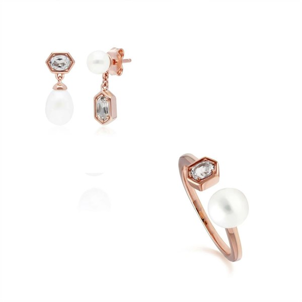 270E030409925-270R058910925 Modern Pearl & Tozaz Earrings & Ring Set in Rose Gold Plated Silver 1