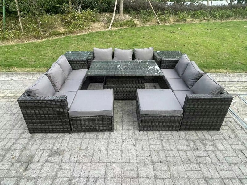 Fimous 11-Seater Dark Grey Wicker PE Rattan Outdoor Sofa Set | Adjustable Rising Dining Table, 2 Side Tables, 2 Footstools