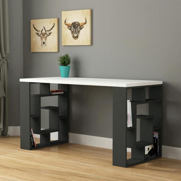 Decortie Labirent Modern Desk with Bookshelf Legs White Anthracite Grey 137cm