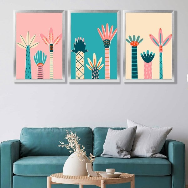Set of 3 Miami Pink and Teal Palm Trees Framed Art Prints with Silver Frames