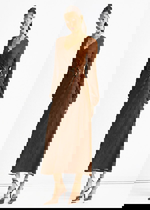 Gini London Brown Jersey Texture Wrap Metal Trim Midi Dress