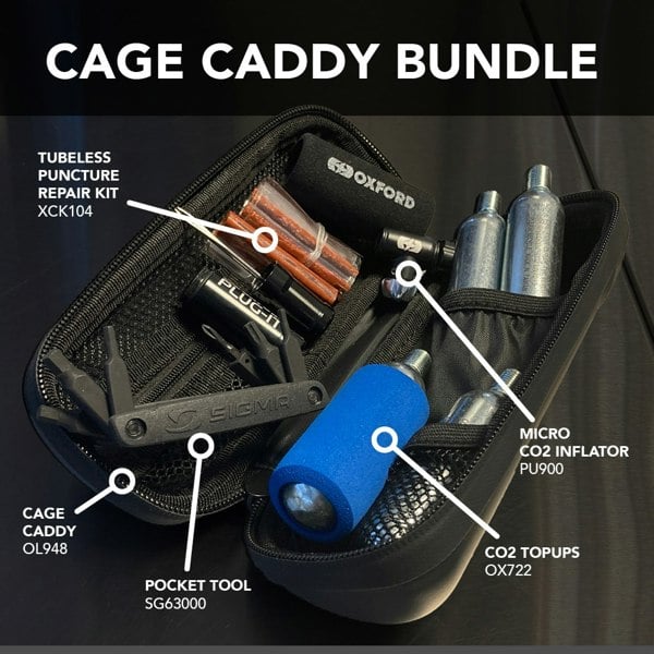 Oxford Bicycle Cage Bundle with Tubeless Repair Kit Pocket Tool Micro Inflator CO2 Top Ups
