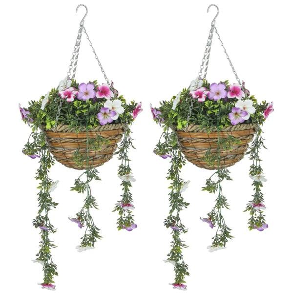 Set of 2 hanging baskets with pink/white faux azalea flowers and trailing green foliage