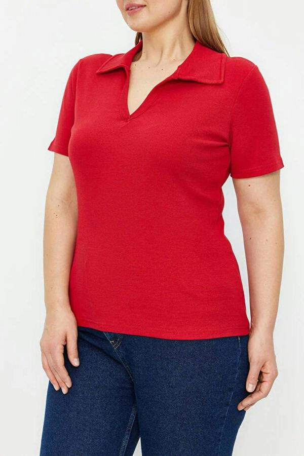 WOVCOR Polo Collar Body-Fitting Ribbed Knit Blouse