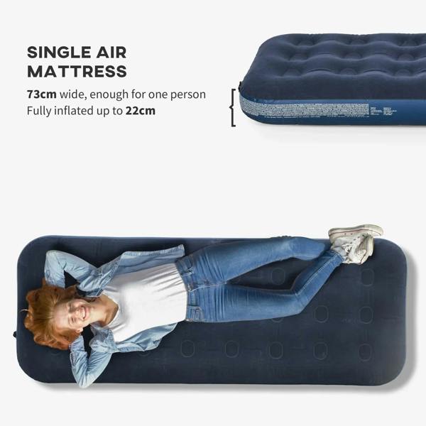 Single inflatable air mattress, blue, raised rim and side seam detail