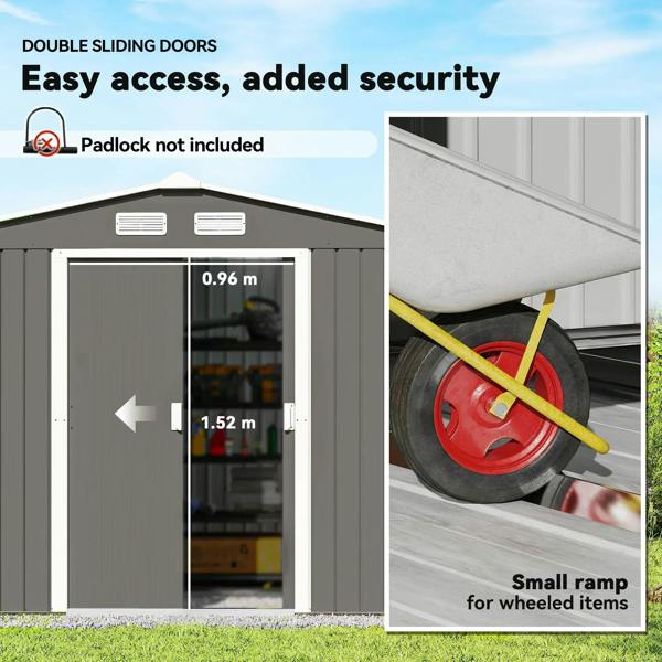 Grey metal shed with double sliding doors and two roof ventilation panels