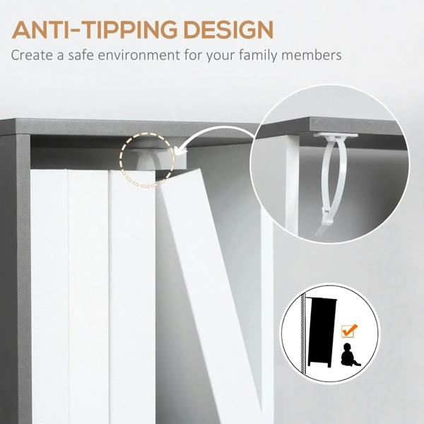 Anti-tip strap detail on white and dark gray 5-tier bookshelf frame