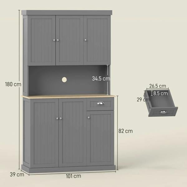 Grey kitchen storage cabinet with open counter, 6 doors, and side drawer