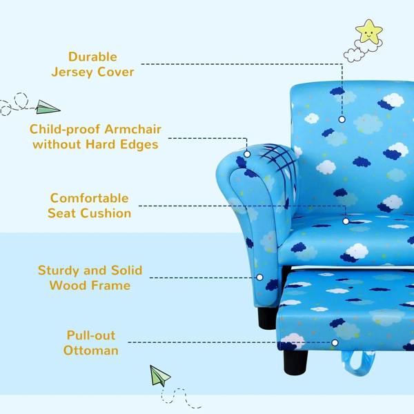 Blue toddler armchair with cloud-and-star fabric, pull-out ottoman and padded high back