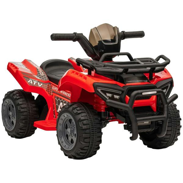 Red kids electric ride-on quad bike with black front guard, bumper bars, and four wheels