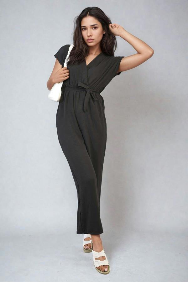 Alessandra Belted V Neck Jumpsuit With Side Pockets - Black