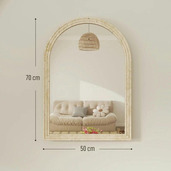 Arched Wall Mirror with Grooved Edge & Hooks, Wall-Mounted Mirror, Modern Tempered Glass & Polystyrene Beige