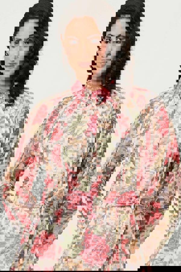 Pink | Floral Tie Waist High Neck Midi Dress