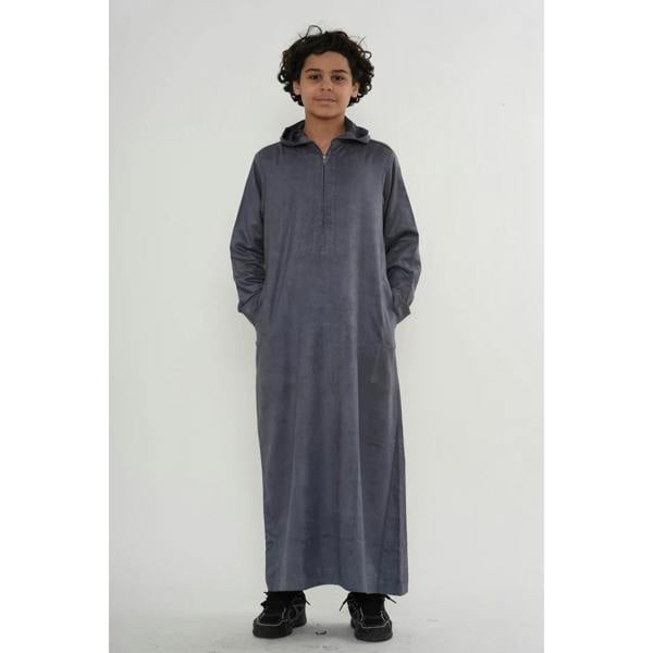 HM12 - Boy's Hooded Suede Emirati Omani Zipped Thobe - Grey - Thobez - 18