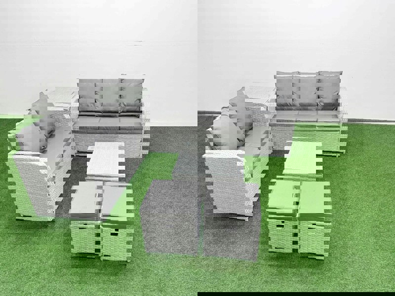 Fimous 7 Seater PE Rattan Wicker Garden Furniture Patio Conservatory Sofa Set with Square Coffee Table 3 Seater Sofa Love Sofa 2 Stools Side Table