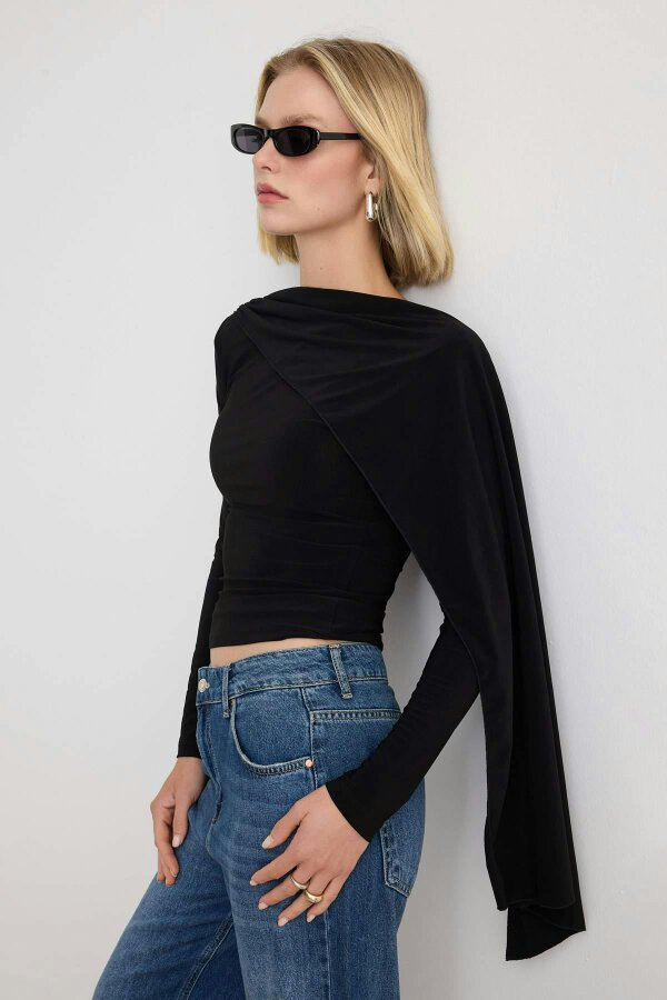 WOVCOR Fitted Boat Neck Cape Detail Long Sleeve Blouse