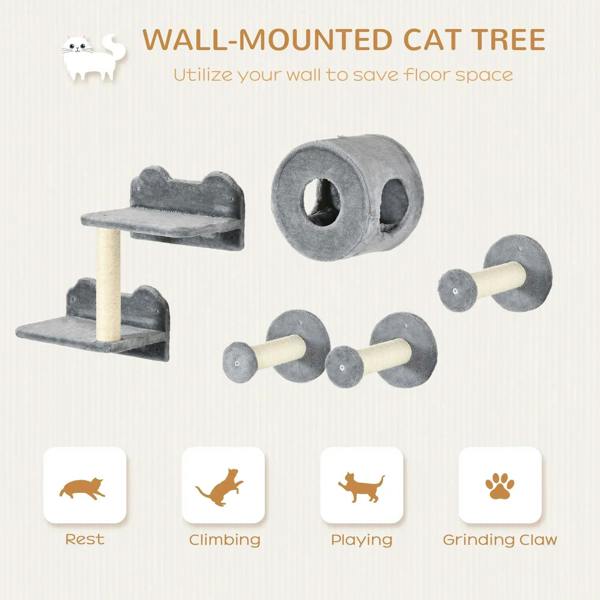 Grey wall-mounted cat tree set with perch platform, tunnel tube, and scratching rollers