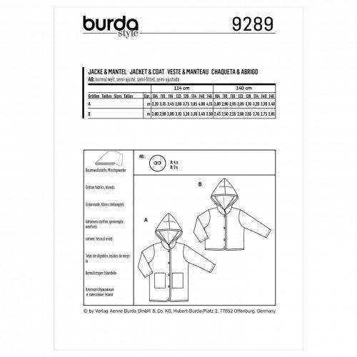Burda Sewing Pattern 9289 Jackets and Coats For Kids, 104 to 146 - Easy