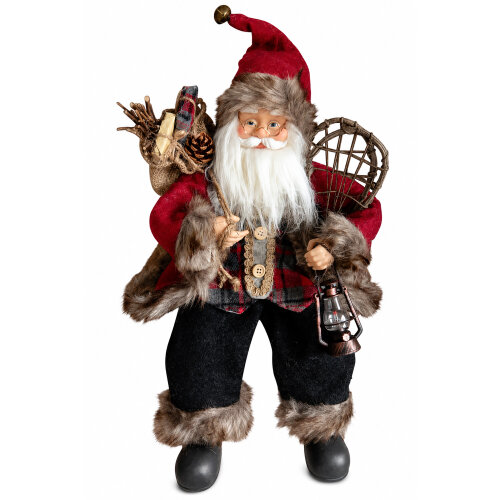 45cm Sitting Father Christmas Figure with Presents Sack, Snowshoes & Lantern, Rustic Fabric Santa Decoration for Mantels & Shelves