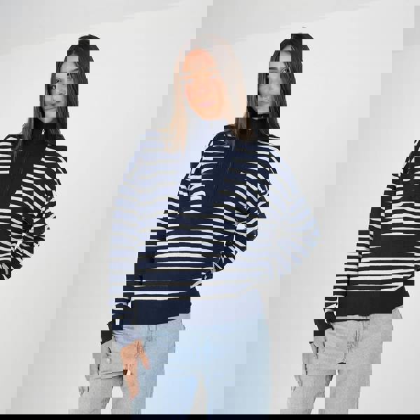 Brave Soul Navy Striped 1/2 Zip Knitted Jumper - Navy Image 1