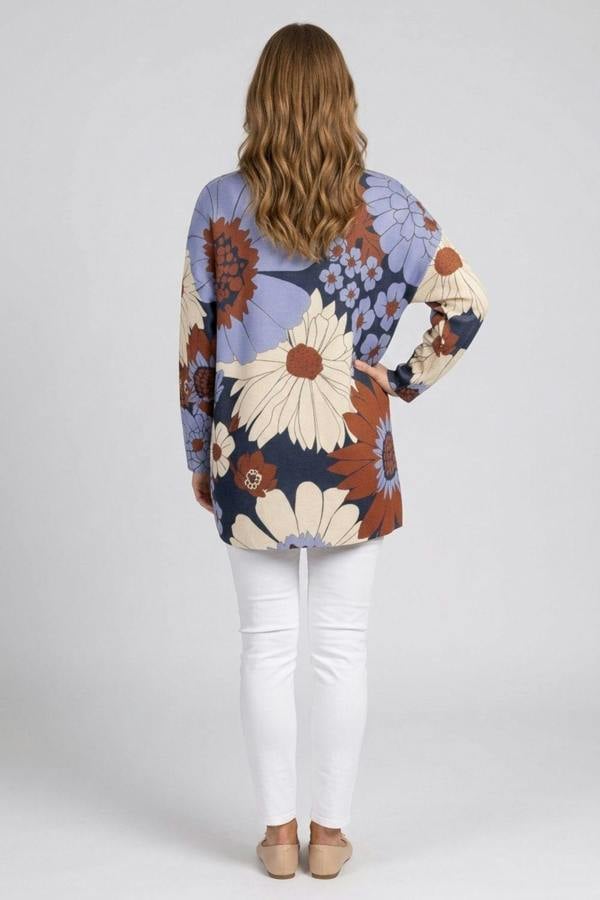 Navy | Floral Metallic Print Boat Neck Jumper