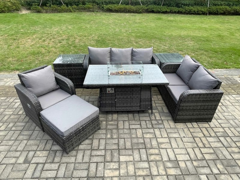 Fimous Garden Patio Furniture Wicker Rattan Gas Fire Pit Table and Sofa Chair set with 2 Side Tables Big Footstool