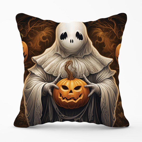 Warren Reed Spooky White Ghost Holding Pumpkin Cushions