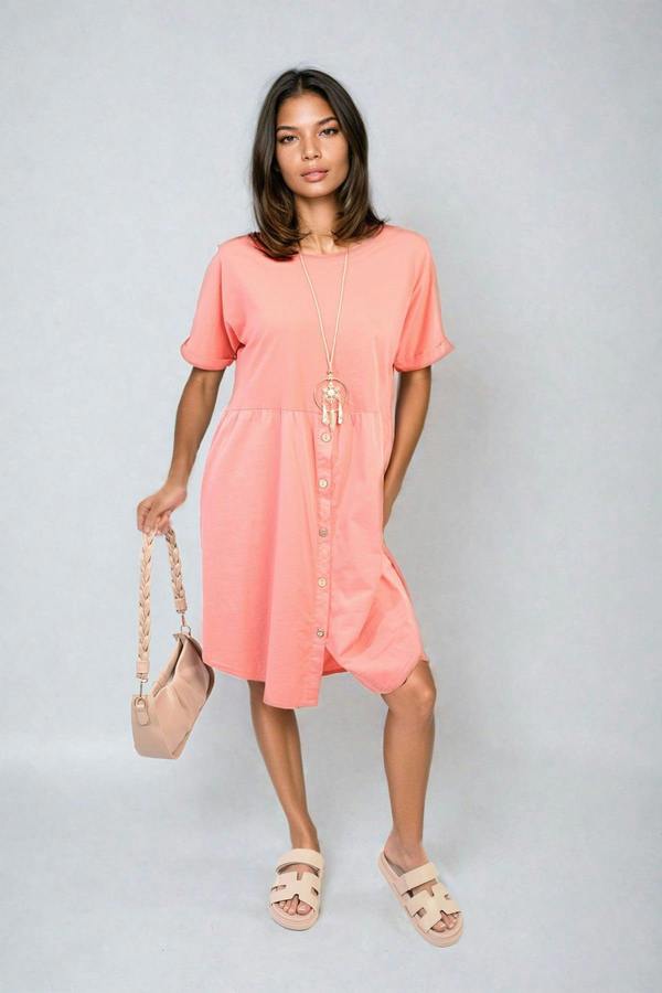 Aileen Short Sleeve Button Front Midi Dress - Coral