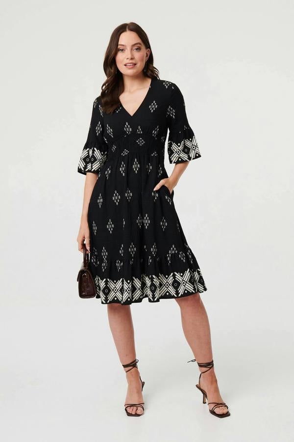 Black | Border Print Relaxed Knee Length Dress