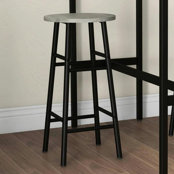 Round grey seat industrial bar stool with black legs and cross-brace supports