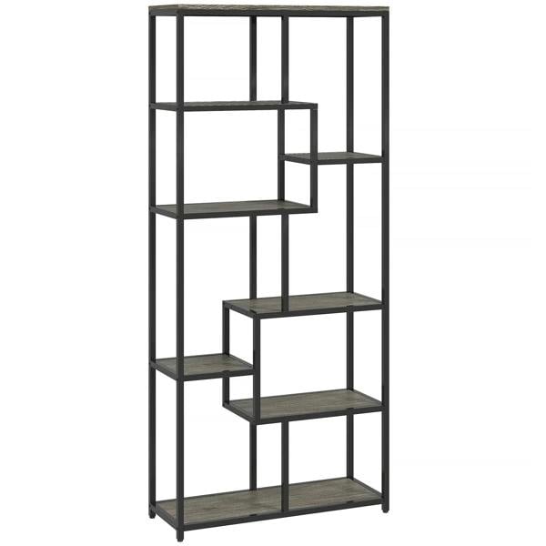 Seven-tier geometric bookcase with grey shelves and black frame